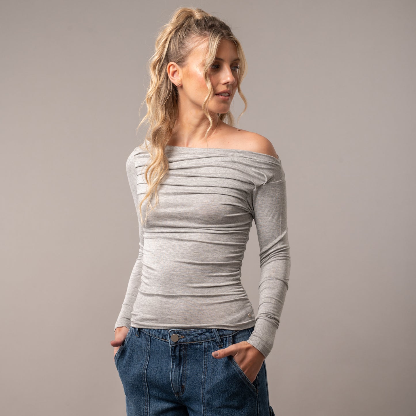 Fashion Top All Day Off Shoulder Grey Marle