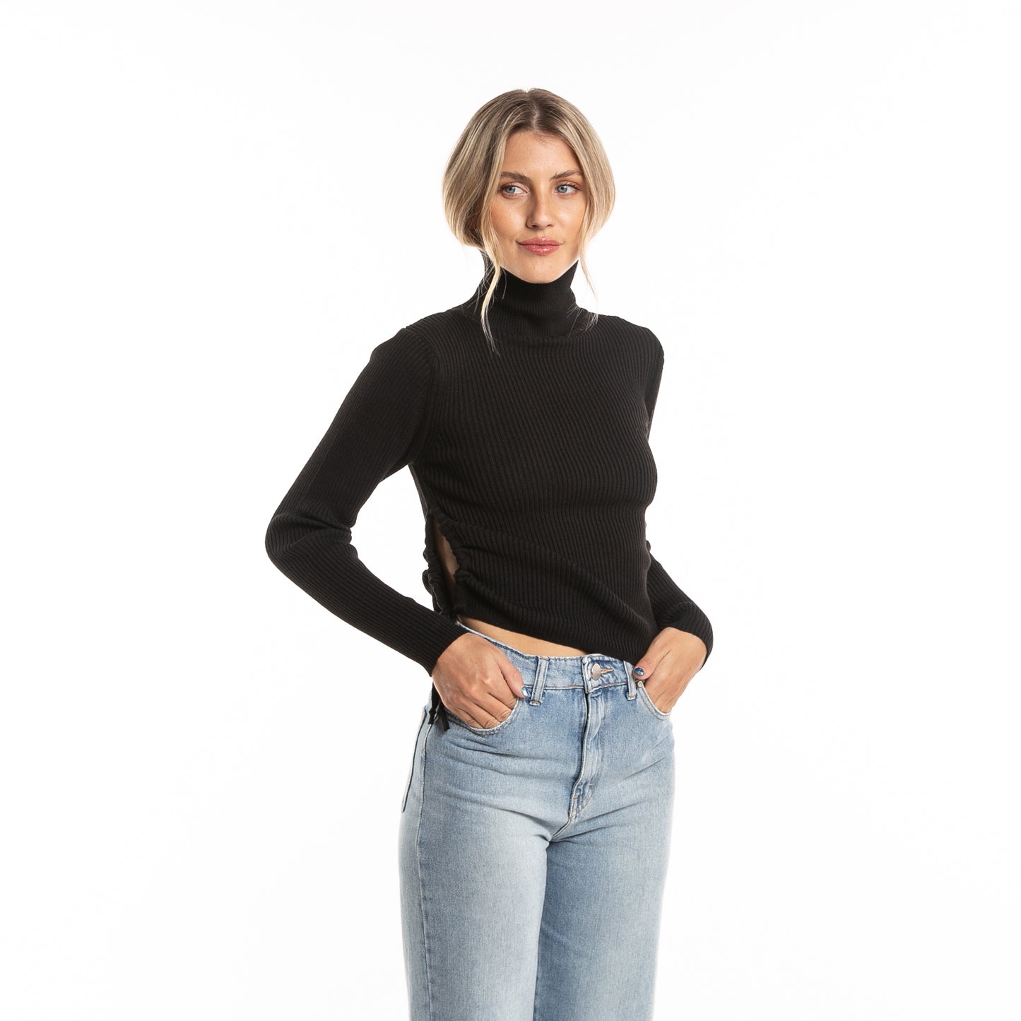 Sweater Gathered Hi Neck Knit