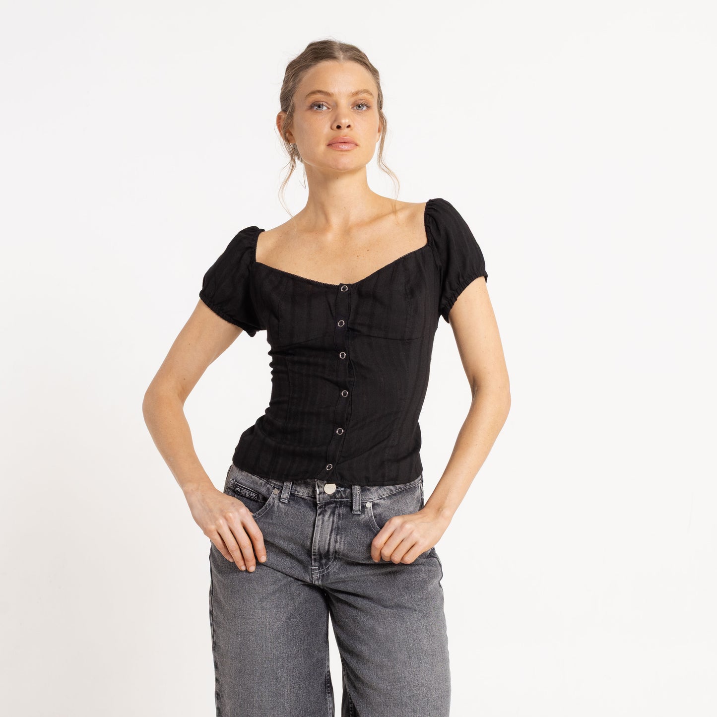 Fashion Top Sandy Button Up Black