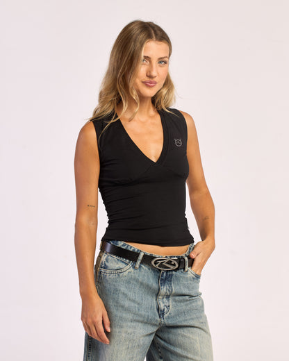Musculosa Vixen Vee Neck Tank Black