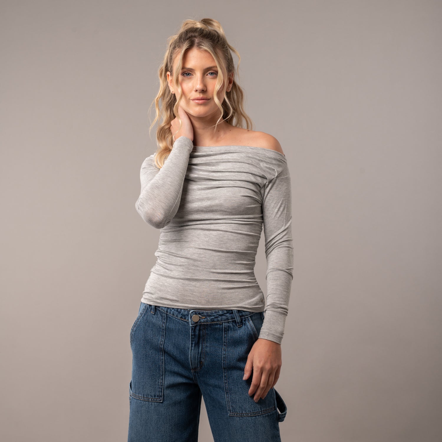 Fashion Top All Day Off Shoulder Grey Marle