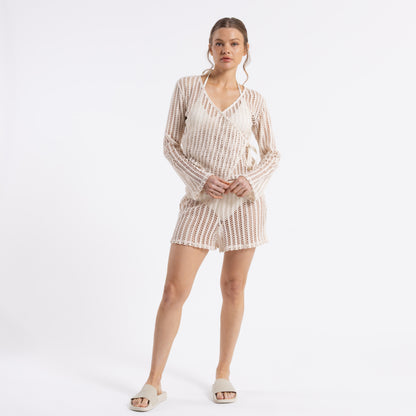 Fashion Top I Kissed A Pearl Lace Wrap L/S Top Ecru