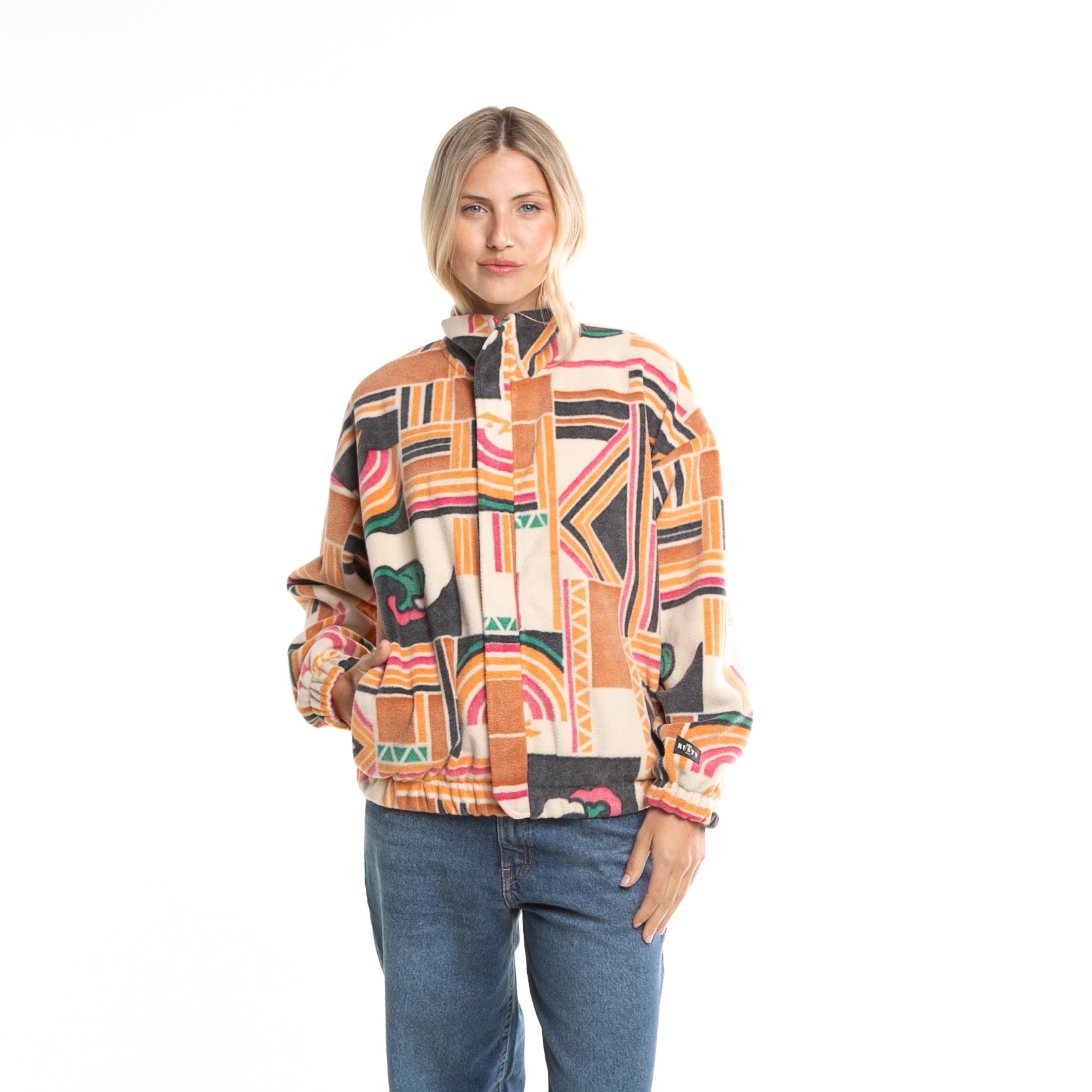 Campera Canguro Josie Mock Neck Printed  Fleece Cream
