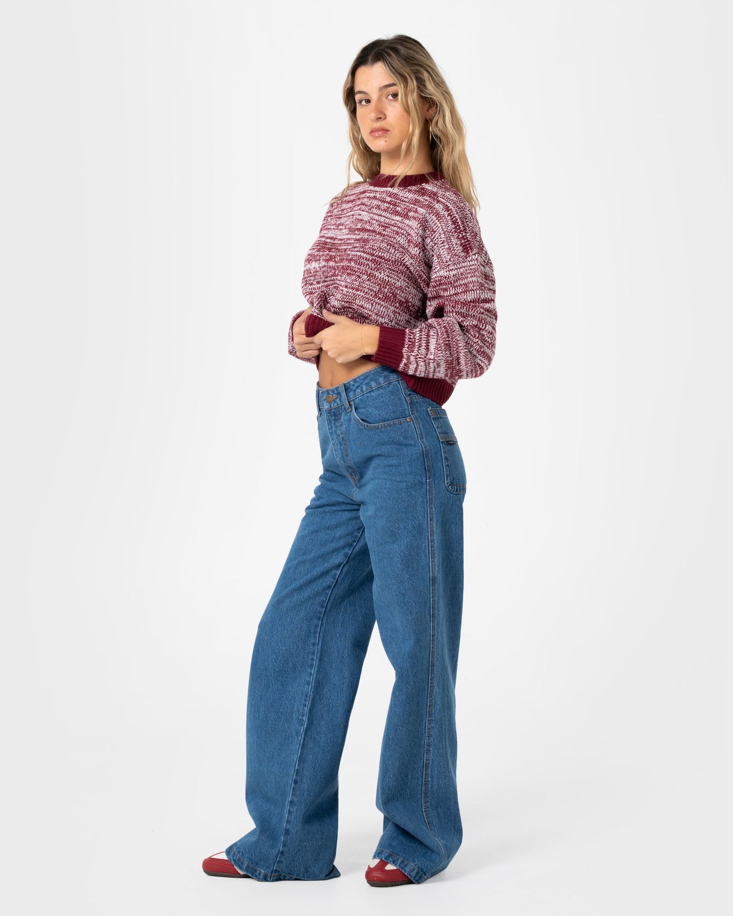 Sweater Marcy Crop L/S Crew Knit Burgundy