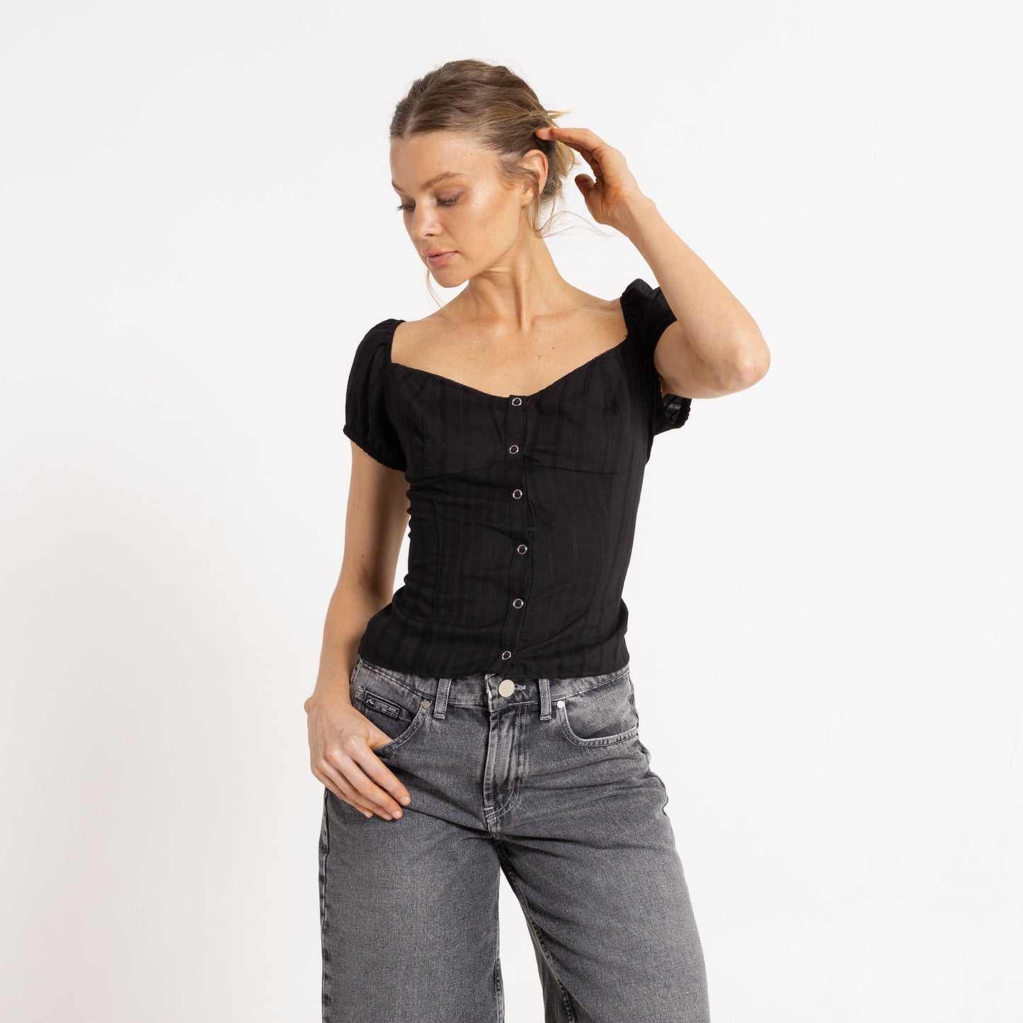 Fashion Top Sandy Button Up Black