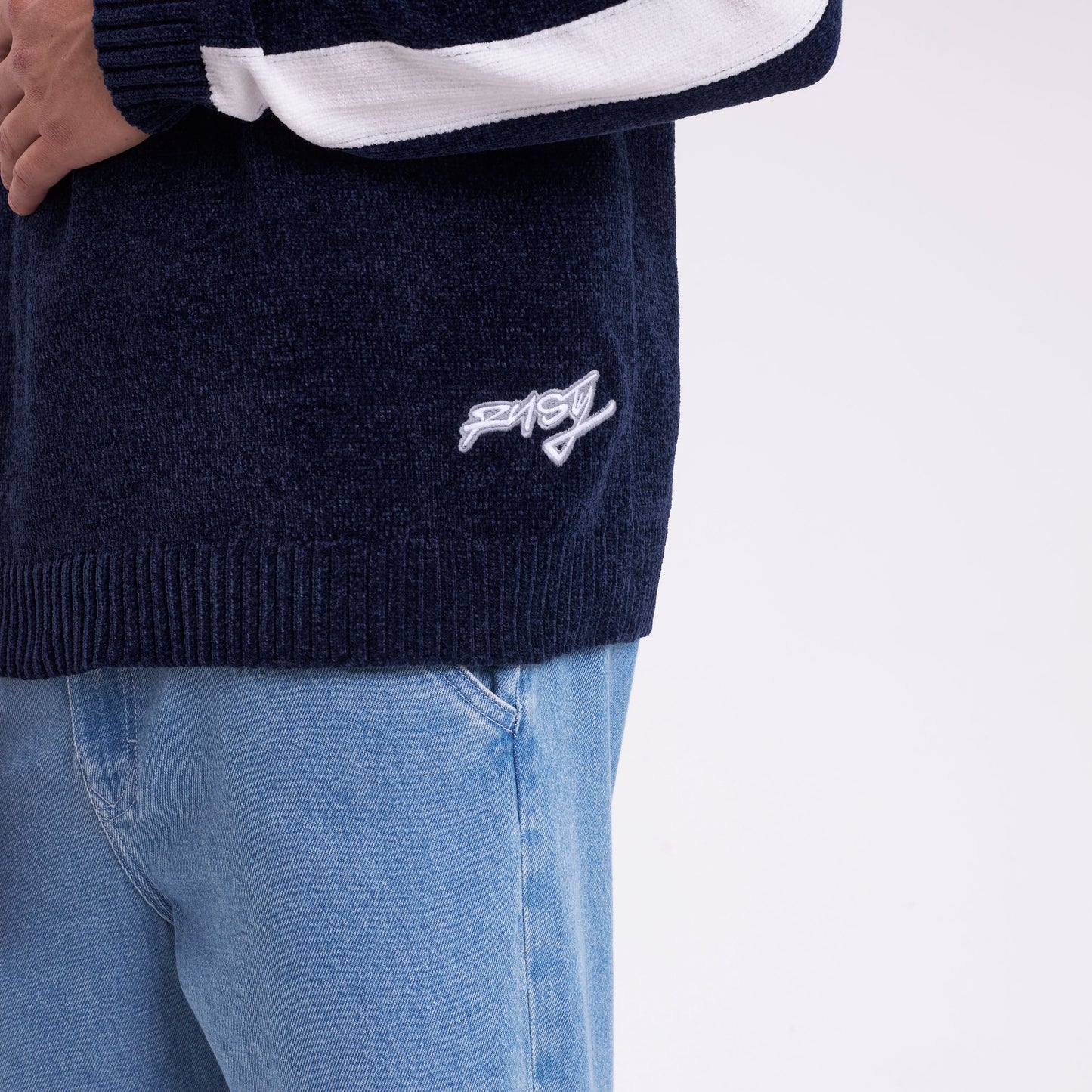 Sweater White Lines Chenille Dark Blue