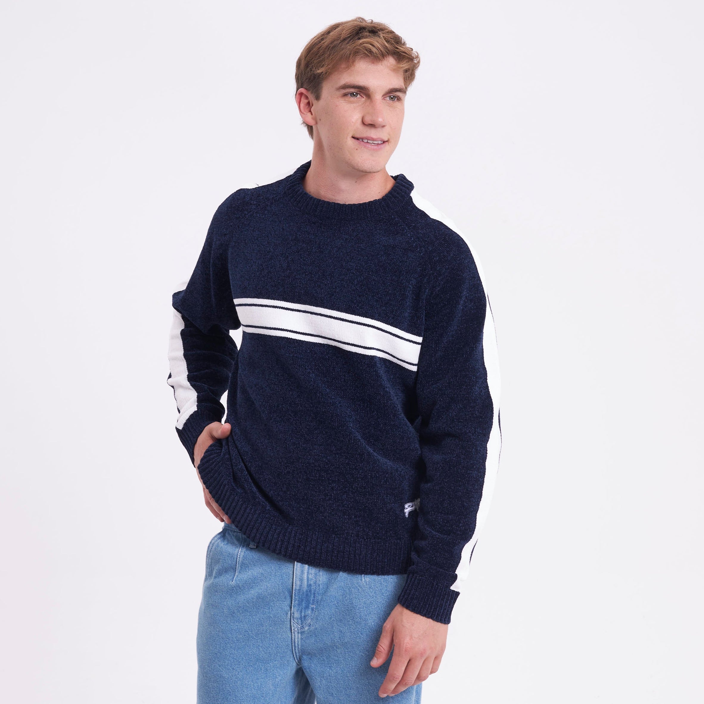 Sweater White Lines Chenille Dark Blue